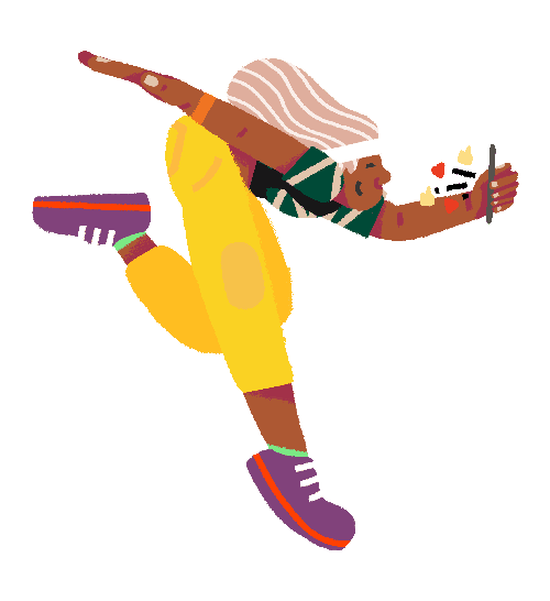 Cartoon illustration of person smiling at positive reactions and notifications on their phone.