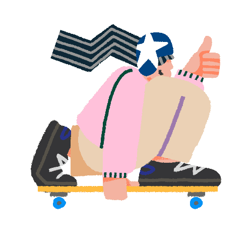 Illustration of person crouched down on their skateboard giving a thumbs up.